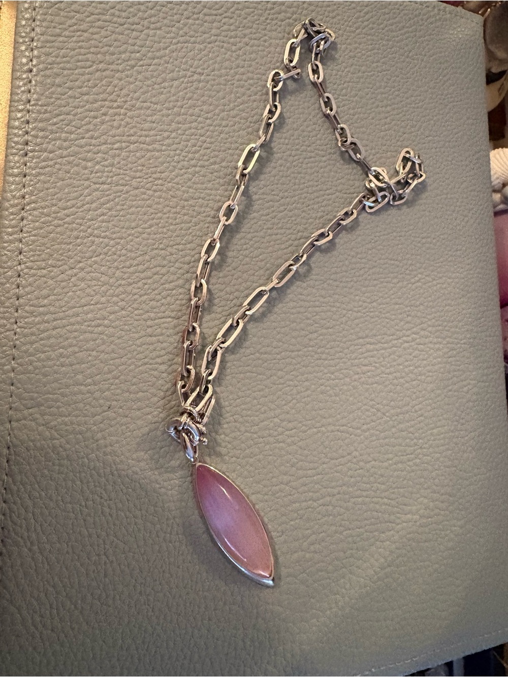 Sterling Silver Chain Necklace with Pink Marquise  Cat Eye Pendant